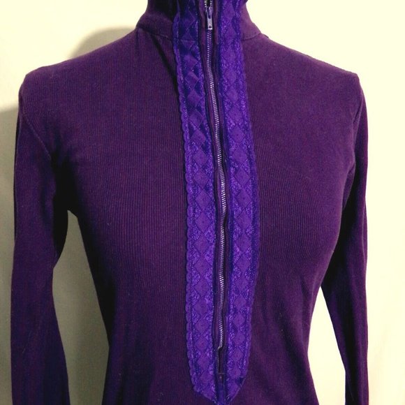Mock neck Ribbed 1/2 zip up Workout Knitted Top XS Plum Purple Lace Athleisure - Picture 8 of 10